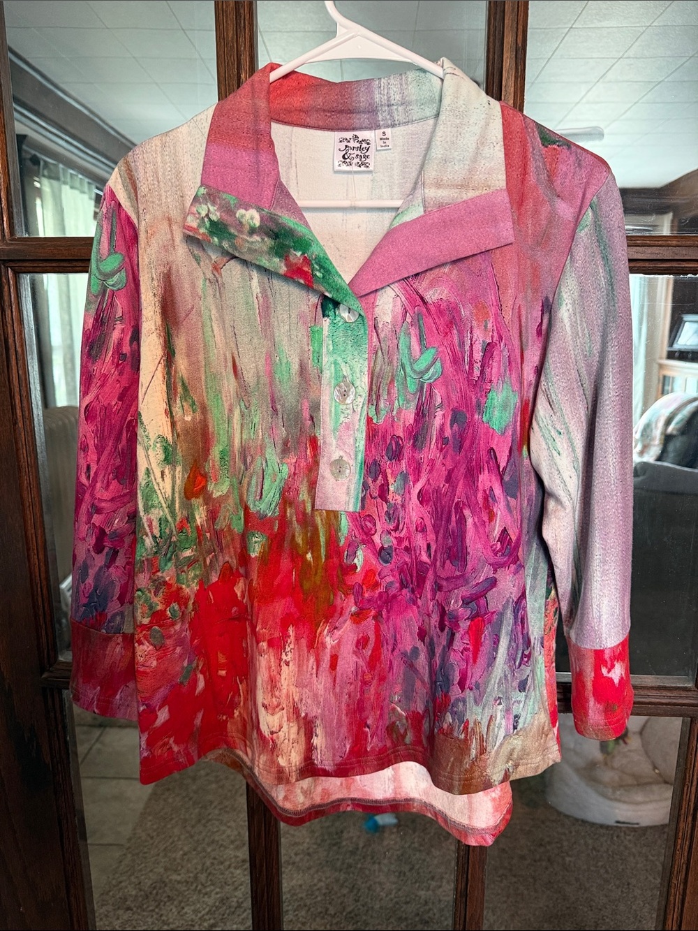Parsley & Sage Womens Abstract Painterly Print Button Placket Top Multicolor S